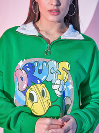 STREET 9 Green Graphic Printed Fleece Sweatshirt
