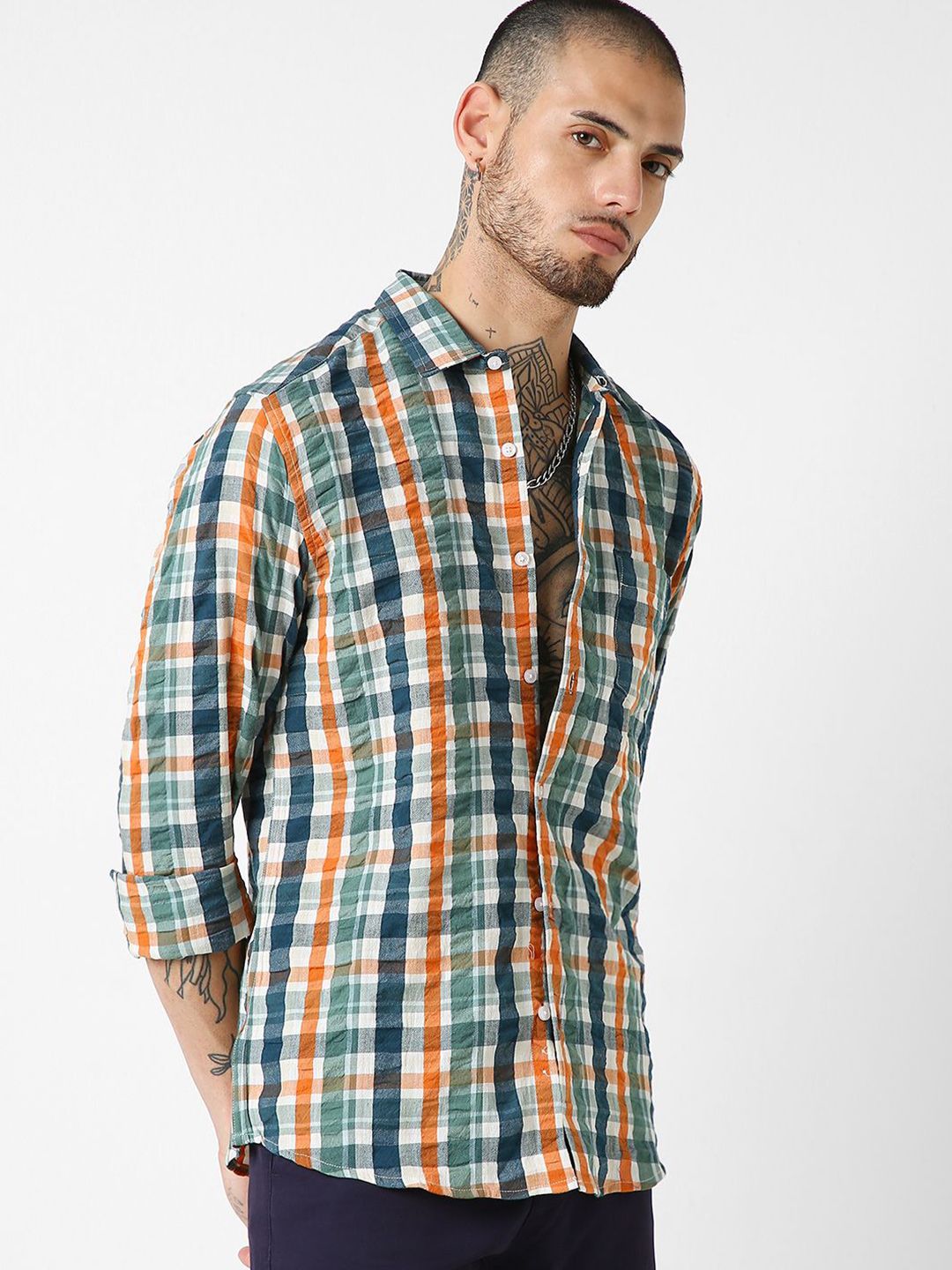 VASTRADO Men Classic Slim Fit Tartan Checks Checked Casual Shirt