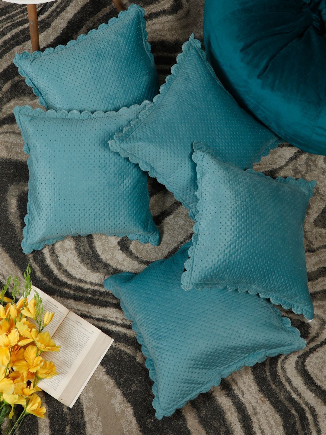 HOSTA HOMES Turquoise Blue Set of 5 Velvet Square Cushion Covers