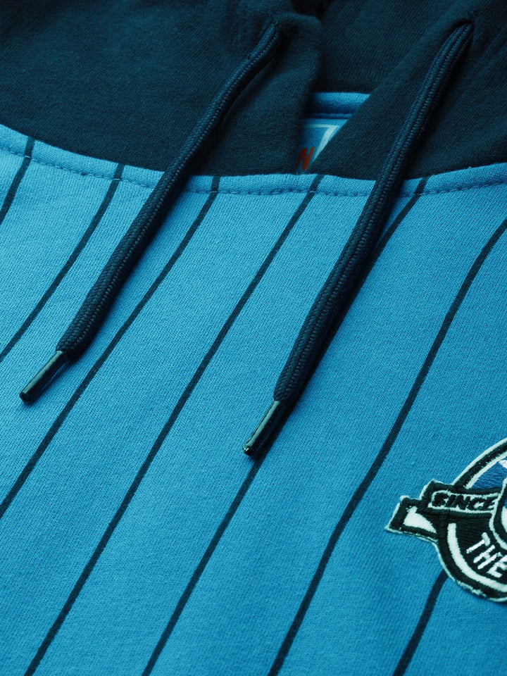 The Indian Garage Co Men Blue Striped Hooded Sweatshirt