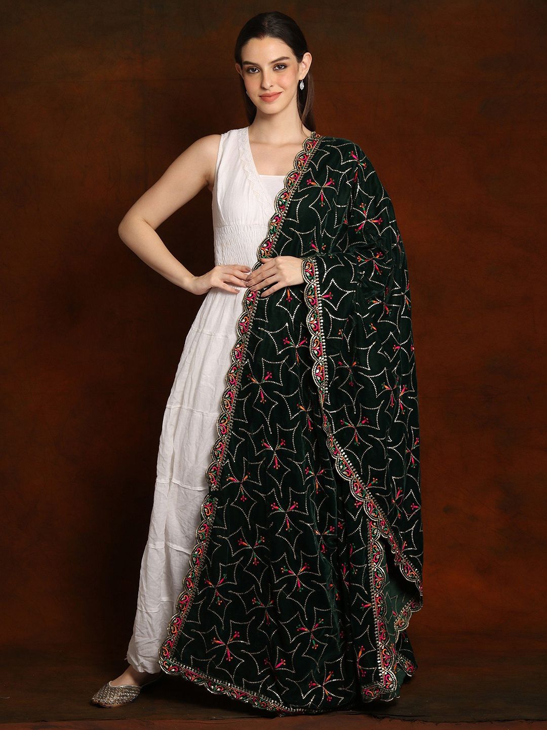 Exotic India Pine Grove Velvet Dupatta with Zari and Sequinned Diamond Pattern