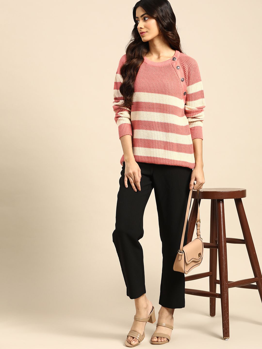 all about you Women Pink & Cream-Coloured Striped Button Detail Pullover