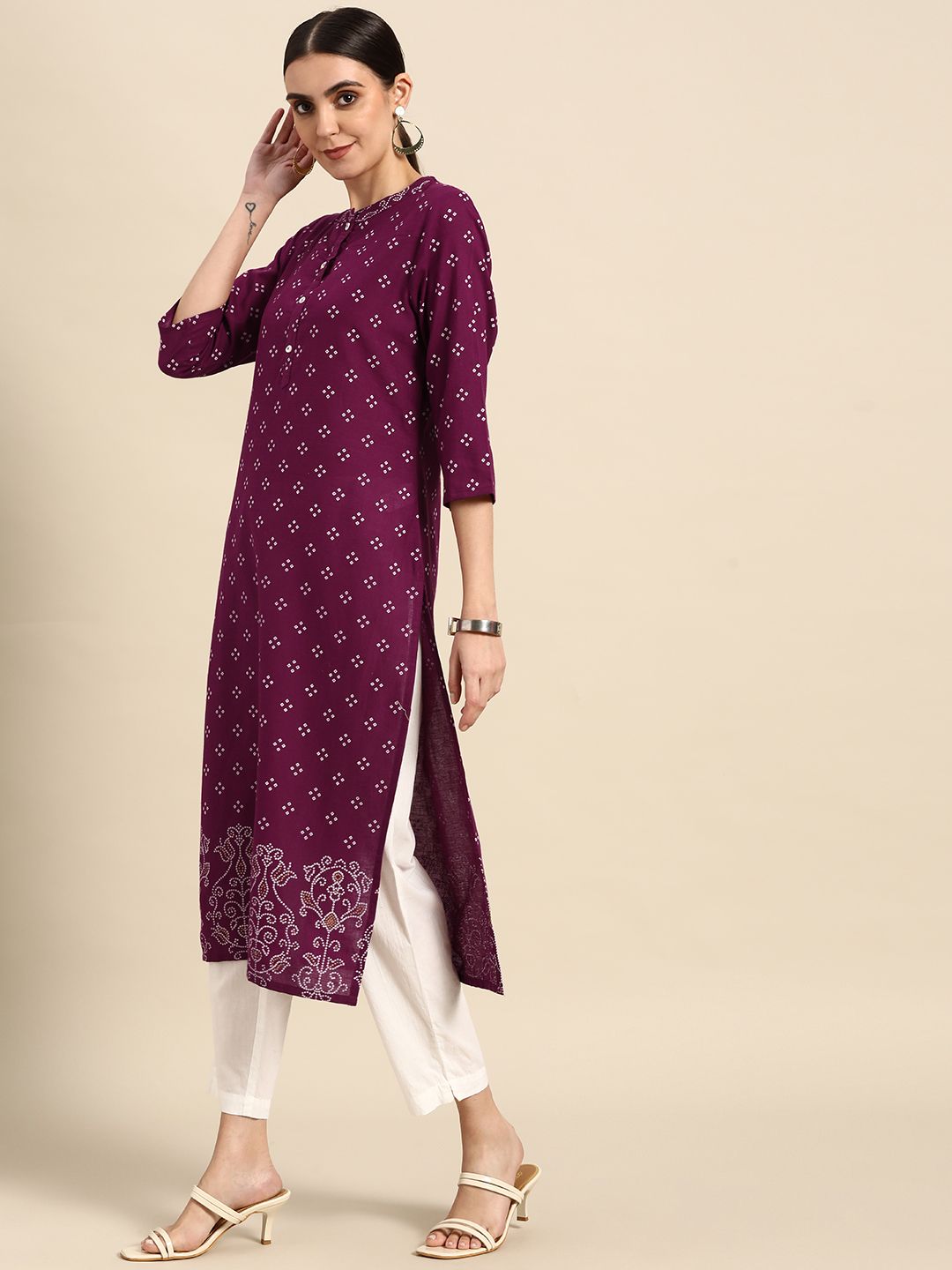 Anouk Women Magenta & White Bandhani Printed Kurta