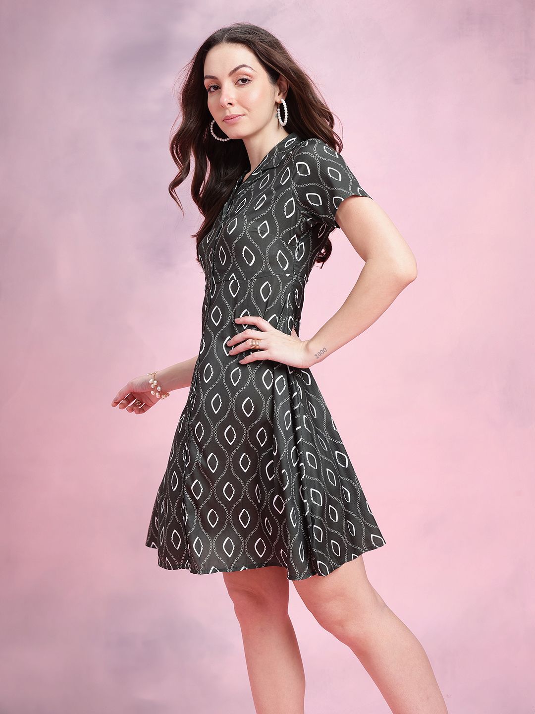 DressBerry Geometric Printed Lapel Collar A-Line Dress