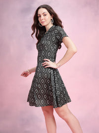 DressBerry Geometric Printed Lapel Collar A-Line Dress
