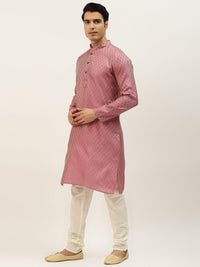 SOJANYA Men Pink Woven Design Kurta with Churidar & Nehru Jacket