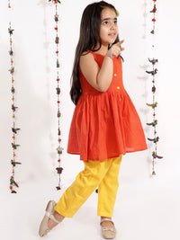 VASTRAMAY Girls Red Pure Cotton Kurta with Trousers