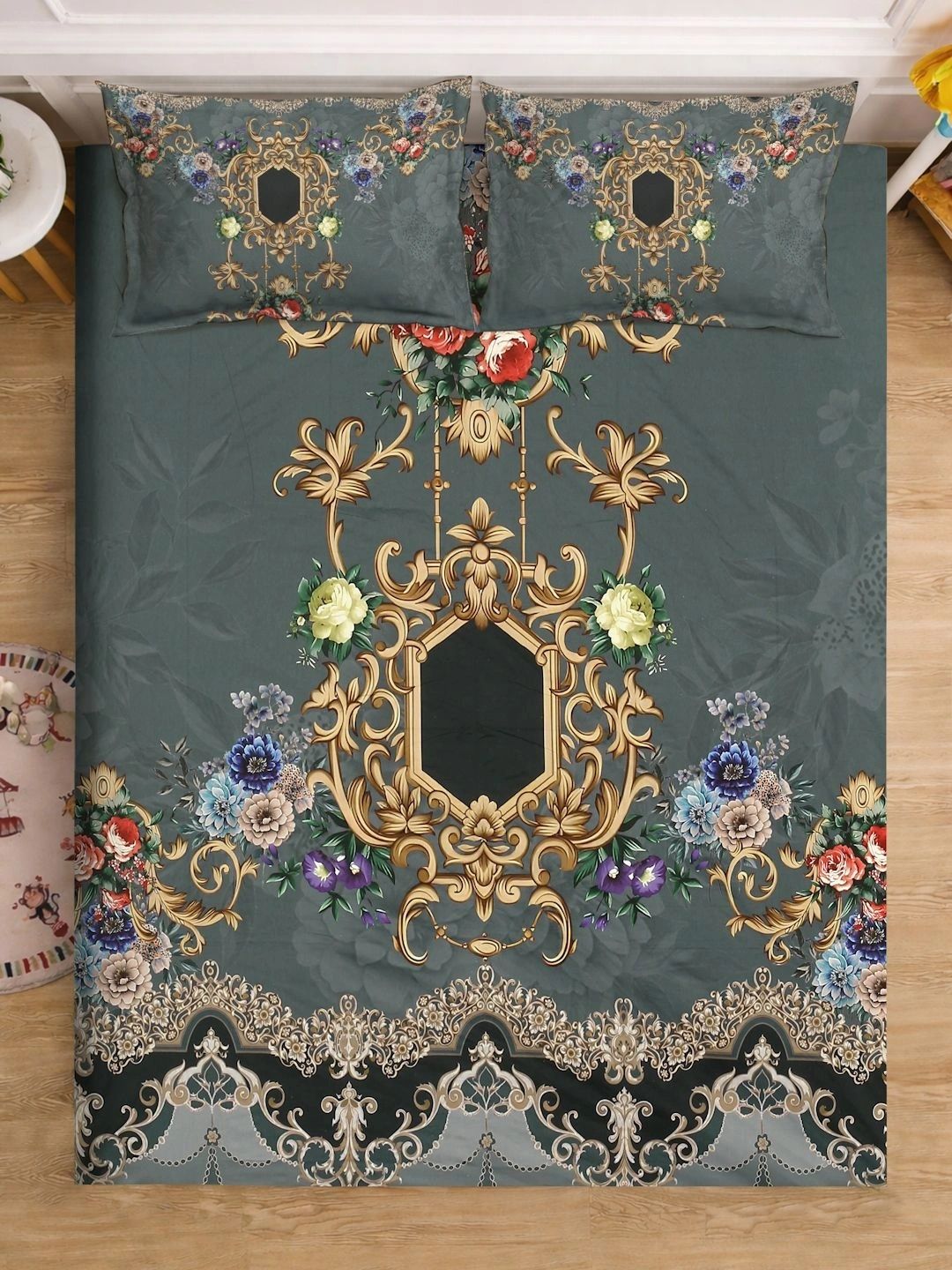 Moda Rapido X KLOTTHE Green & Gold-Toned Ethnic Motifs 400 TC King Bedsheet with 2 Pillow Covers