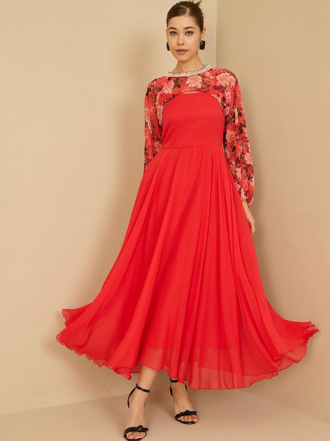 Antheaa Antheaa Women Printed Round Neck Embellished Maxi Dress