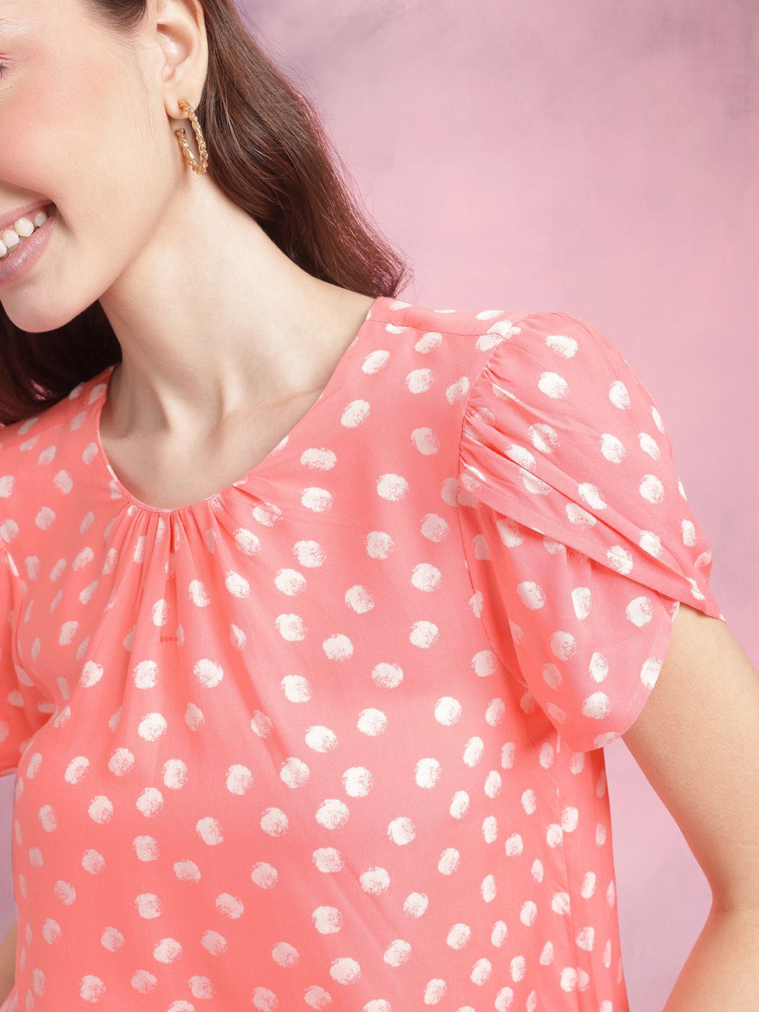DressBerry Polka Dot Print Gather Detail Puff Sleeve A-Line Top