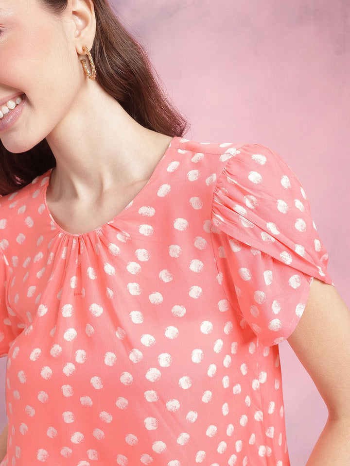 DressBerry Polka Dot Print Gather Detail Puff Sleeve A-Line Top