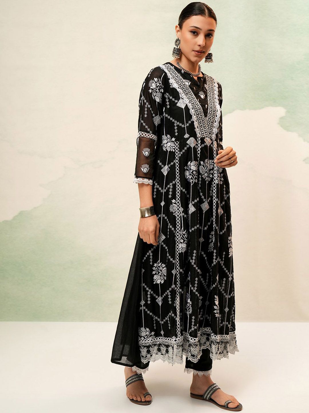 Vishudh Women Ethnic Motifs Embroidered Regular Pure Cotton Kurta with Trousers & Dupatta