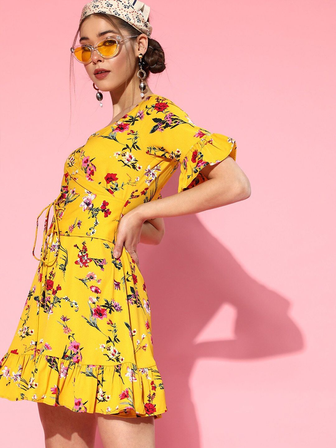 Berrylush Yellow Floral Crepe Dress