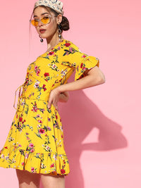 Berrylush Yellow Floral Crepe Dress