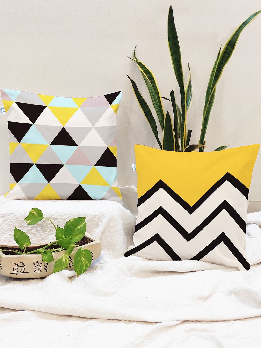 STITCHNEST Pack Of 2 Yellow & Black Geometric Printed Square Cushion Covers