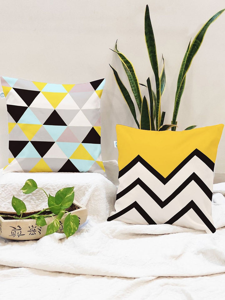 STITCHNEST Pack Of 2 Yellow & Black Geometric Printed Square Cushion Covers