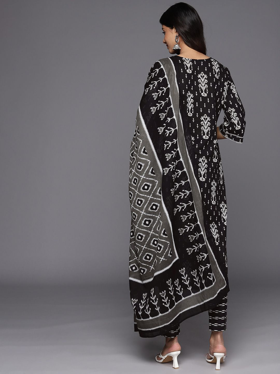 Libas Floral Printed Regular Mirror Work Pure Cotton Kurta With Trousers & Dupatta