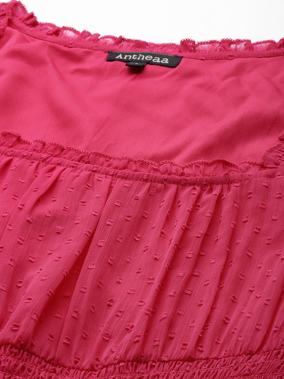 Antheaa Fuchsia Solid Chiffon Smocked Tiered Midi Dress