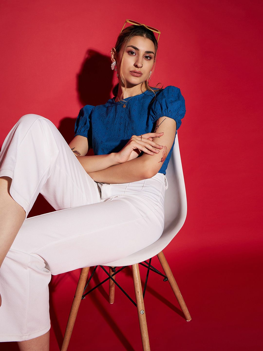 SASSAFRAS Puff Sleeve Cotton Schiffli Crop Top