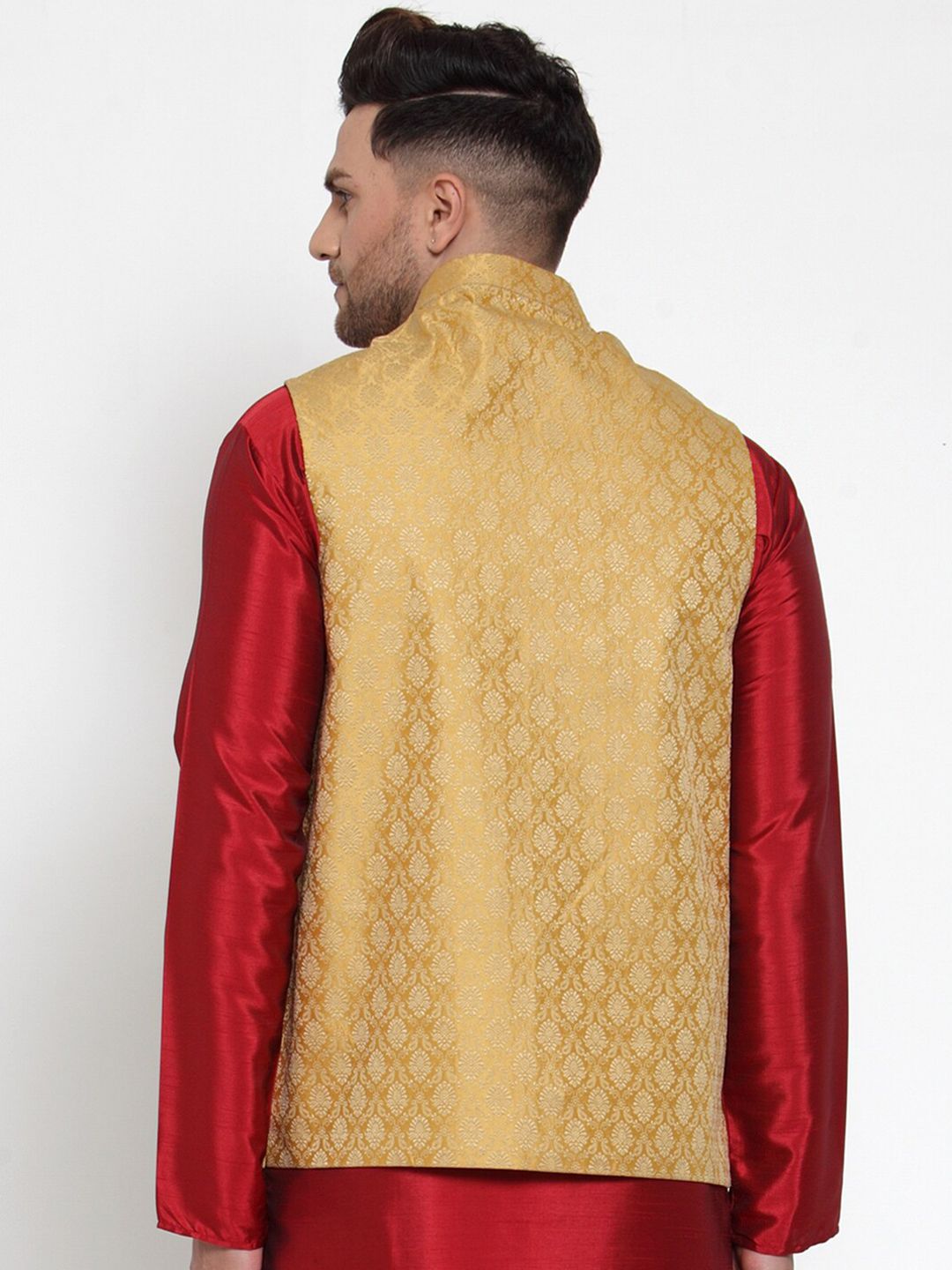 Jompers Men Gold-Coloured & Beige Woven Design Nehru Jacket