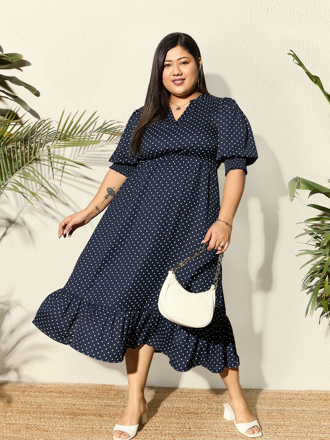 Berrylush Curve Polka Dot Printed A-Line Midi Dress