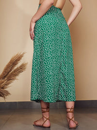 Berrylush Women Green Floral Printed High Rise Front Slit Midi Skirt