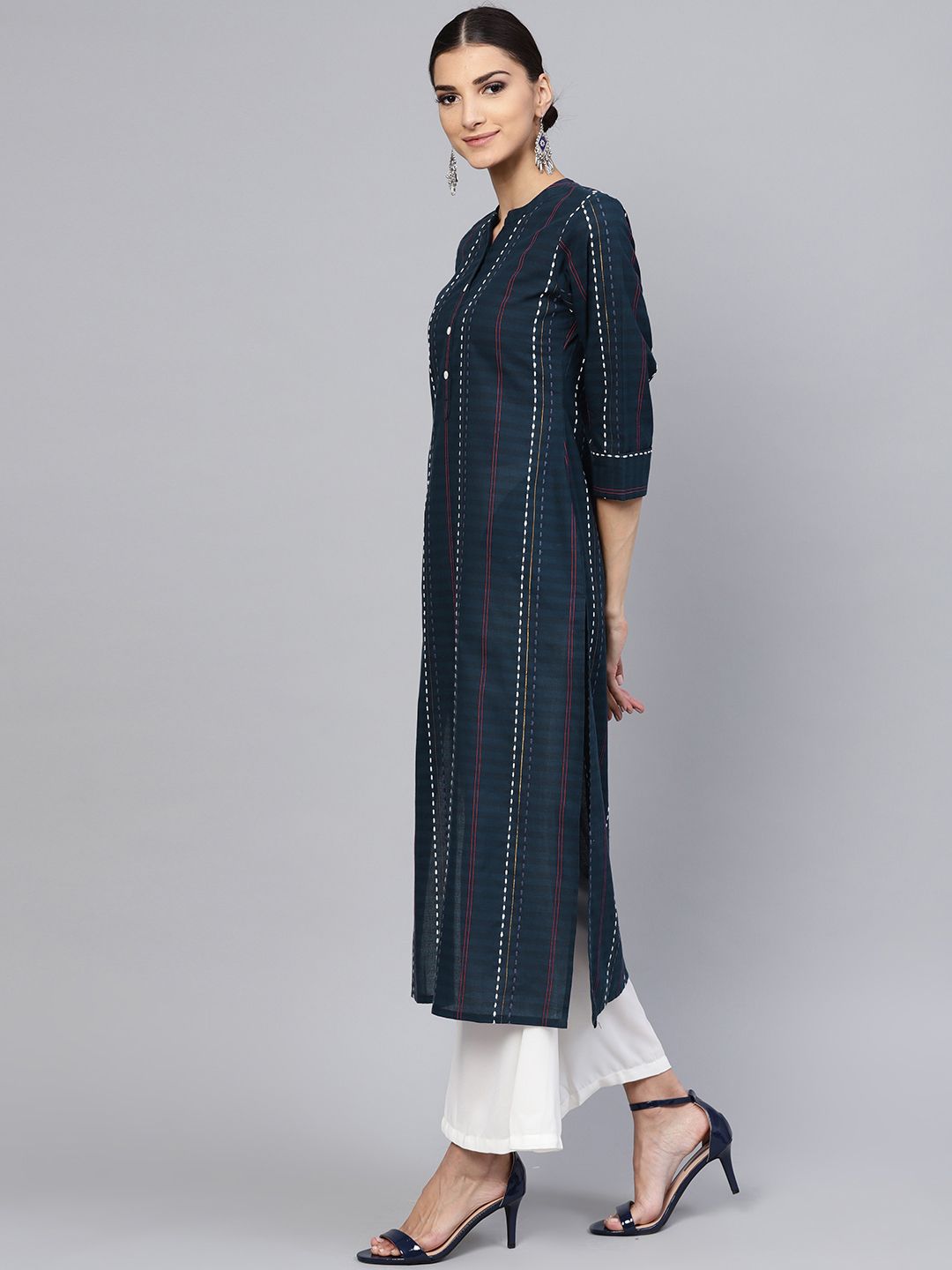 Libas Women Navy Blue Striped Straight Kurta