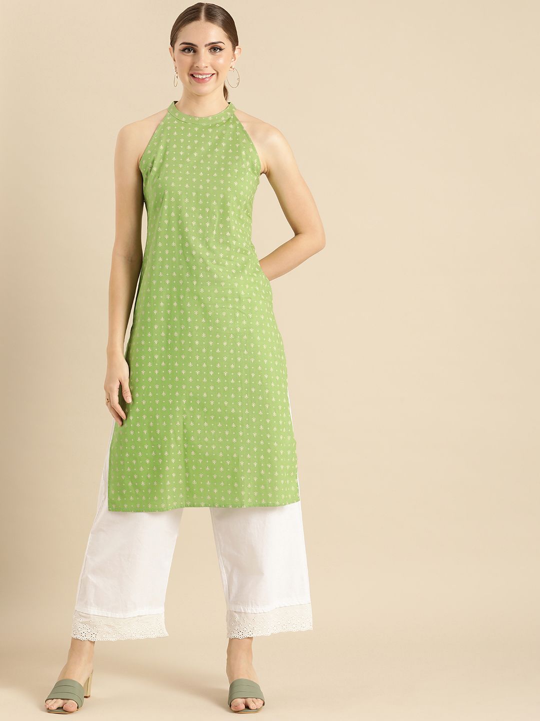 Anouk Ethnic Motifs Printed Halter Neck Pure Cotton Kurta