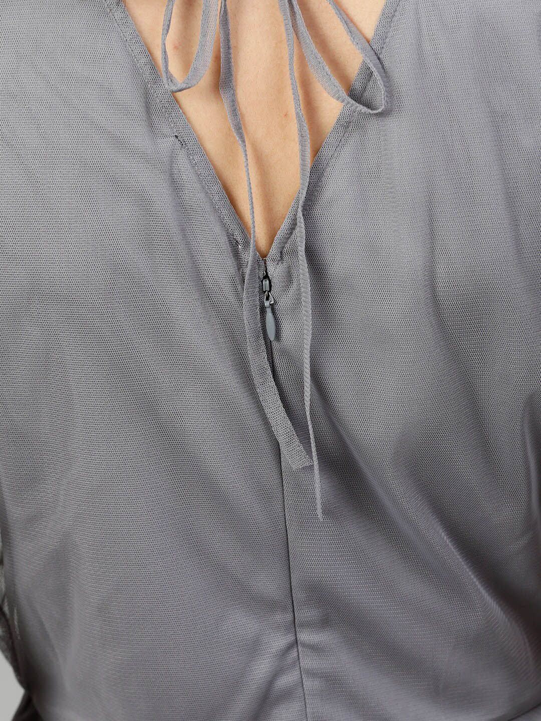 STREET 9 Grey Embellished Flared Sleeves Layered Net Wrap Top