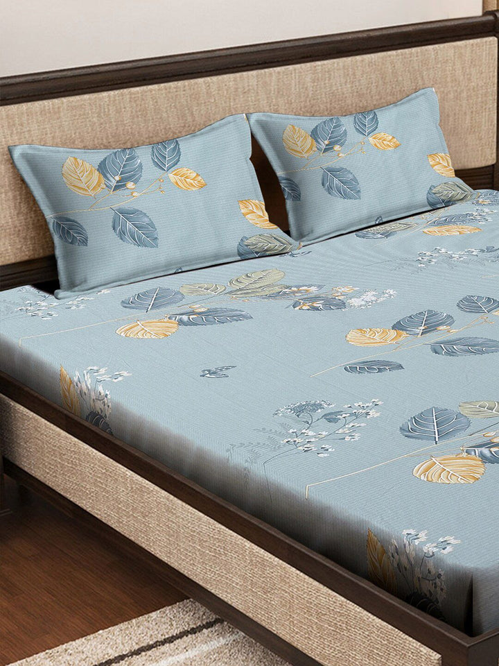 KLOTTHE Blue Floral Printed Dilengkapi 400 TC Cotton King Bedsheet Dengan 2 Sarung Bantal