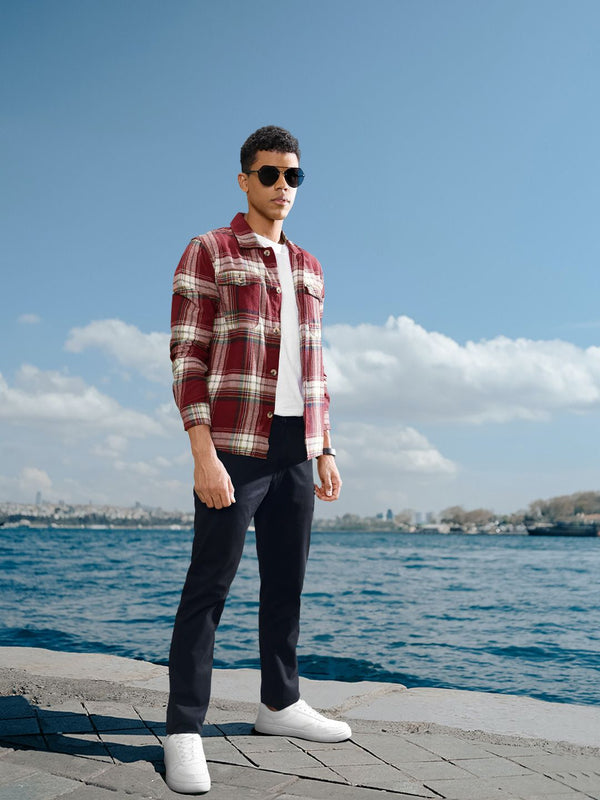 Kapas Garage India Pure Cotton biasa diperiksa Double Flap Pocket Flanel Shirt