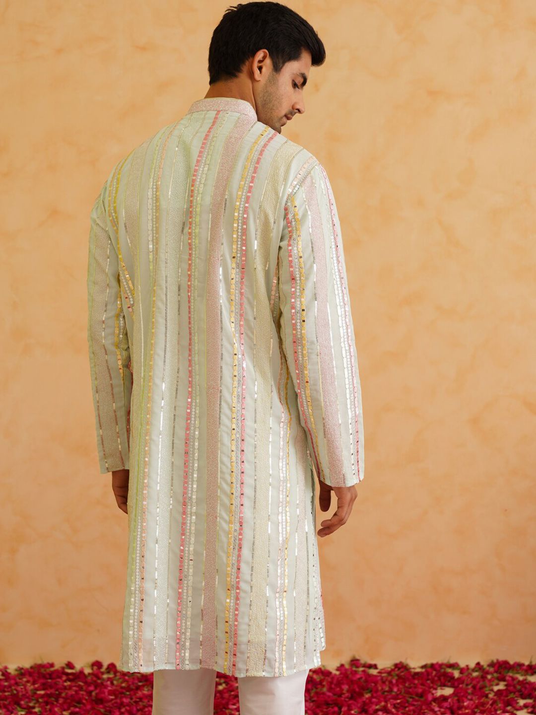 SOJANYA LUXE Kurta Lurus Kolar Mandarin Berjalur Sulam dengan Piyama