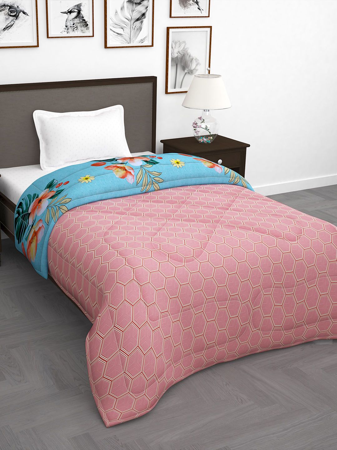Story@home Pink & Blue Floral 180 GSM AC Room Reversible Single Bed Comforter