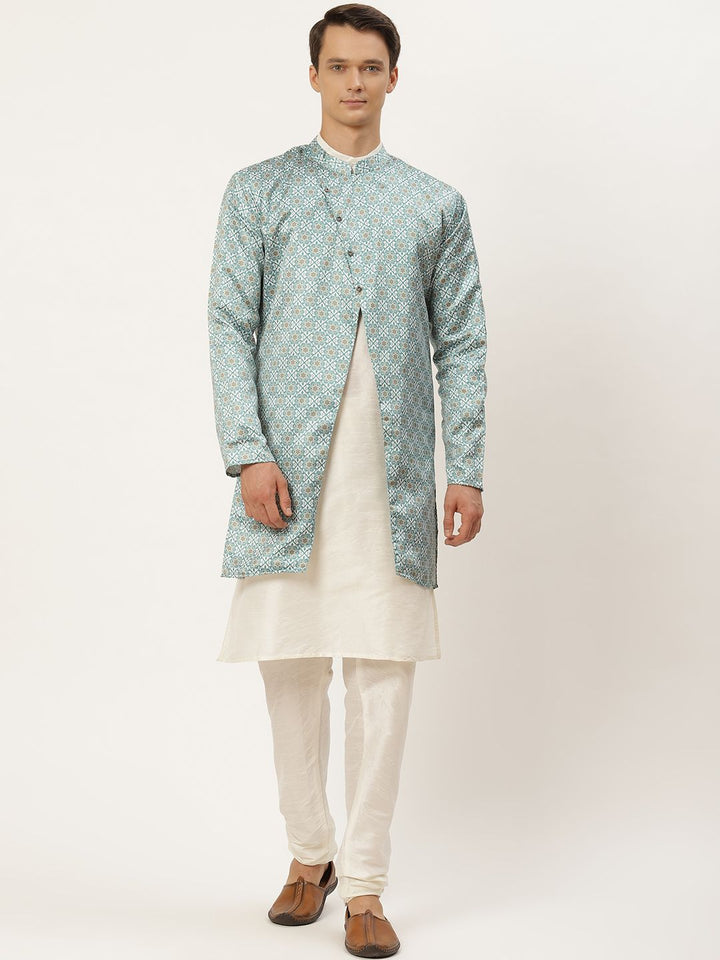 SOJANYA Men Off White Solid Kurta with Churidar & Ethnic Jacket