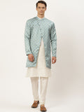 SOJANYA Men Off White Solid Kurta with Churidar & Ethnic Jacket