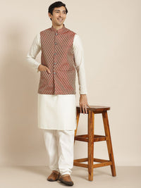 SOJANYA Lelaki Kurta Kapas Tulen Chikankari Berwarna Krim dengan Jaket Churidar & Nehru
