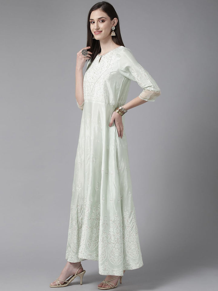W Green & White Floral Ethnic A-Line Midi Dress