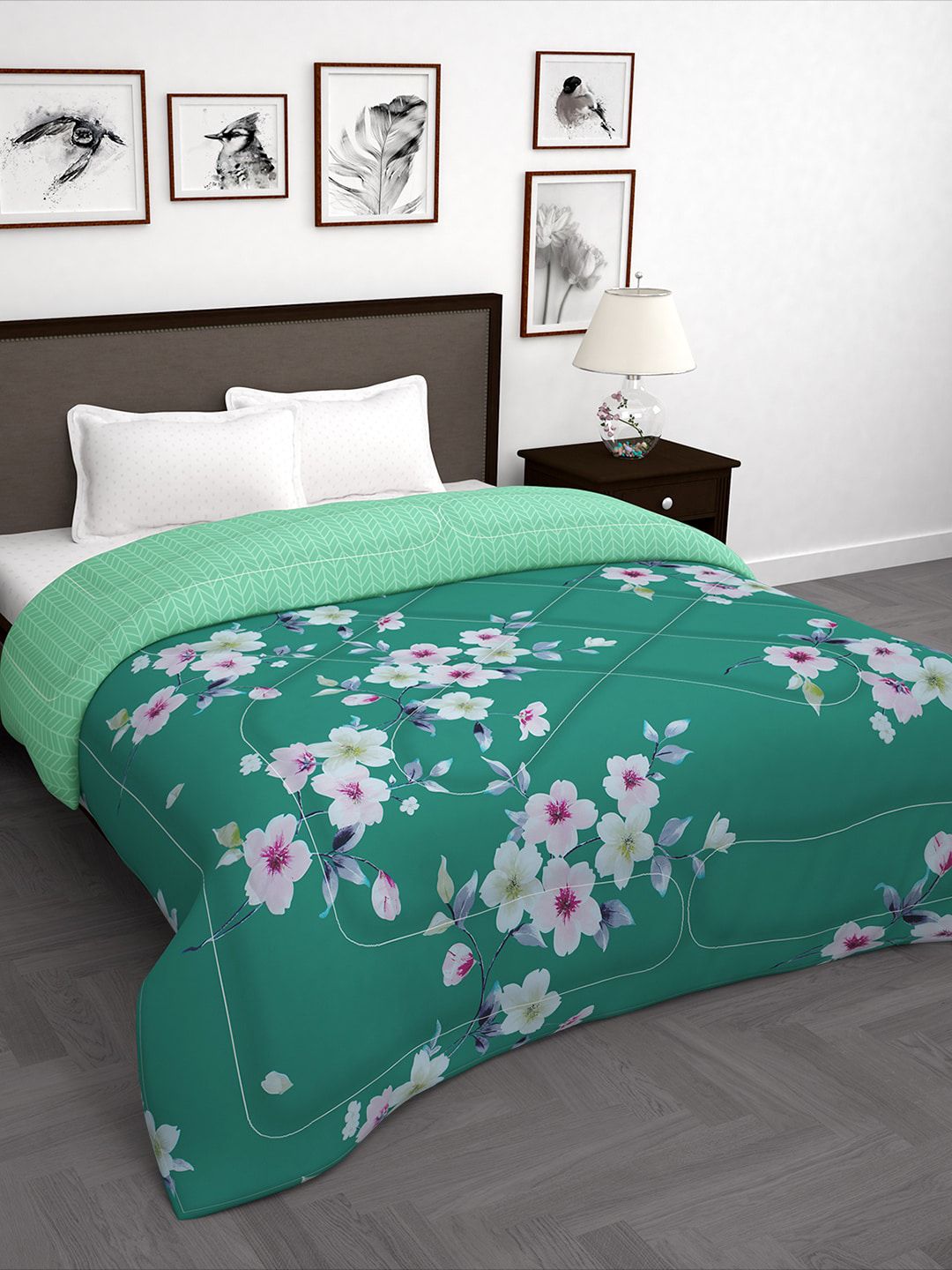 Story@home Green & White Floral 180 GSM AC Room Double Bed Comforter