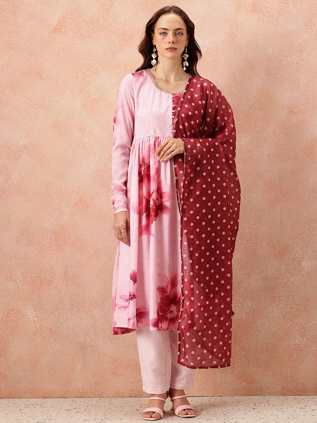 all about you Floral Printed Pleated Kurta With Trousers & Dupatta