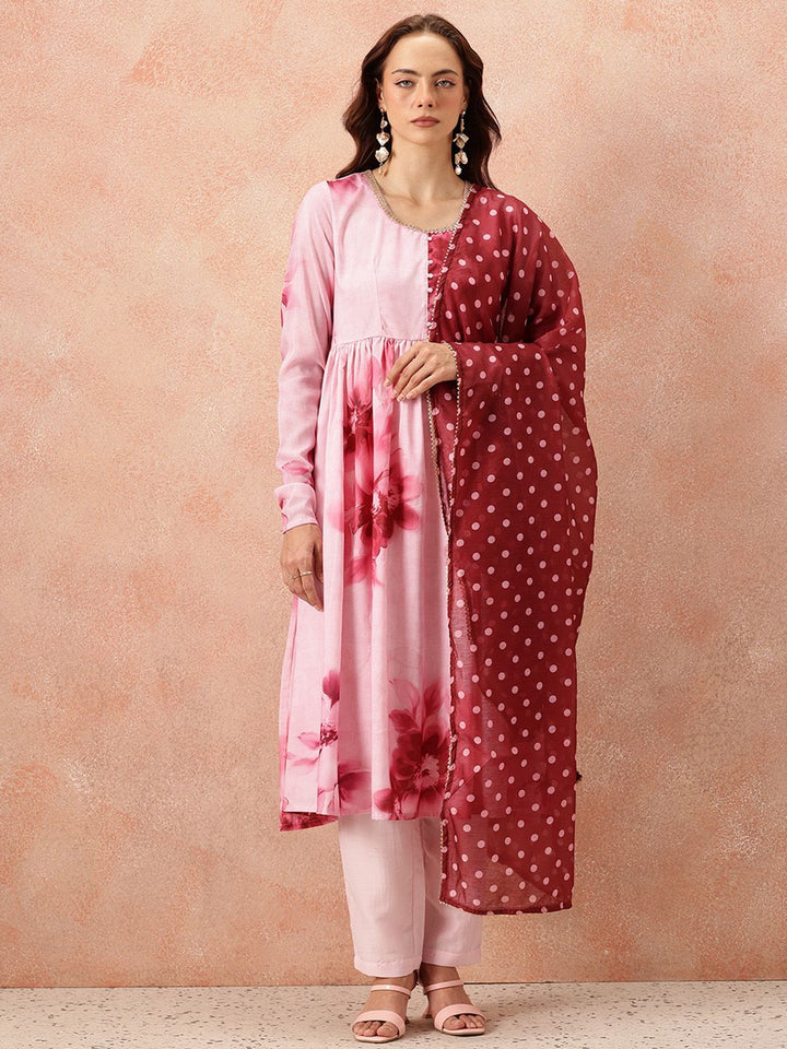 all about you Floral Printed Pleated Kurta With Trousers & Dupatta