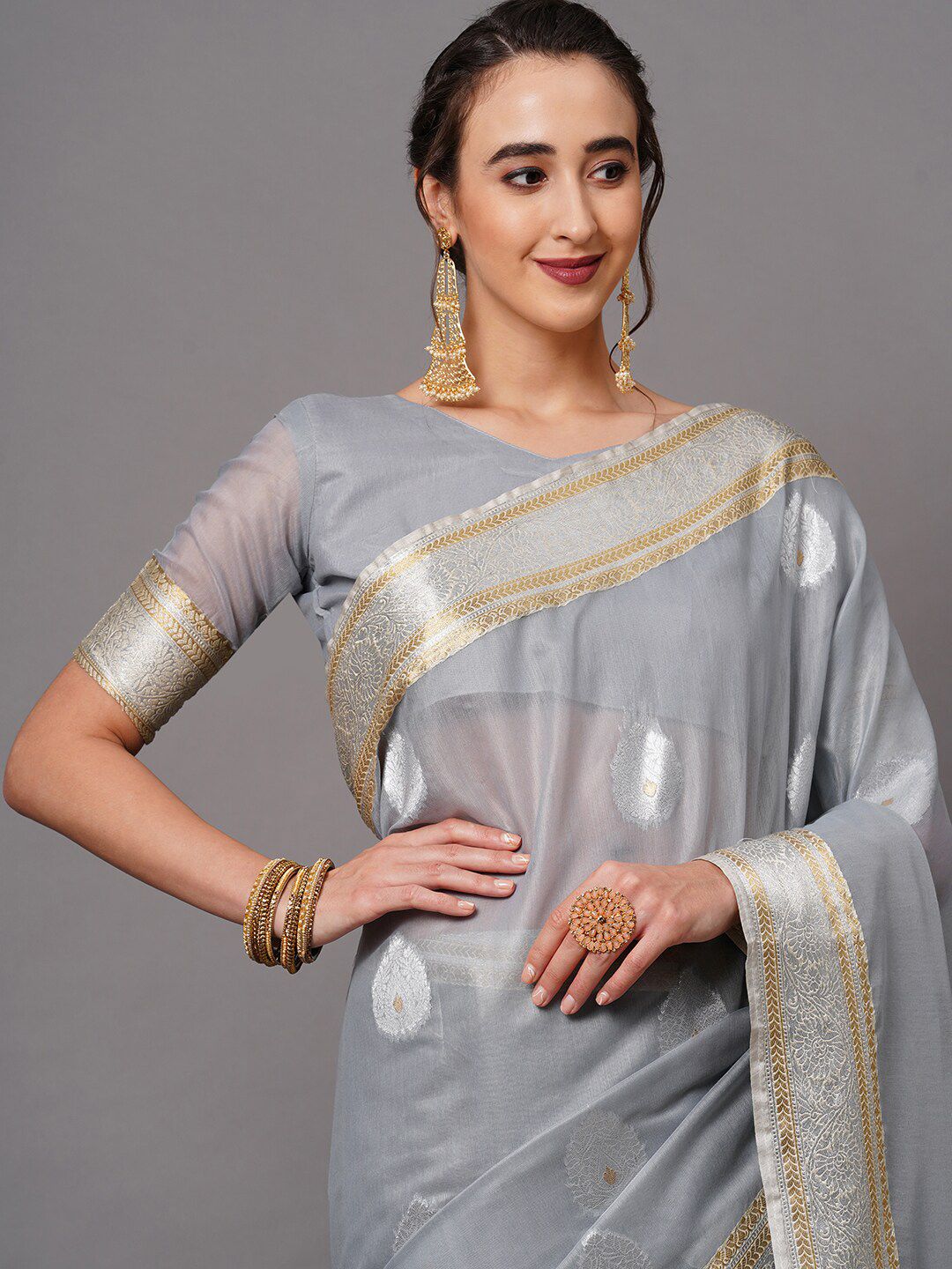 Saree mall Grey & Gold-Toned Woven Design Silk Blend Banarasi Sarees