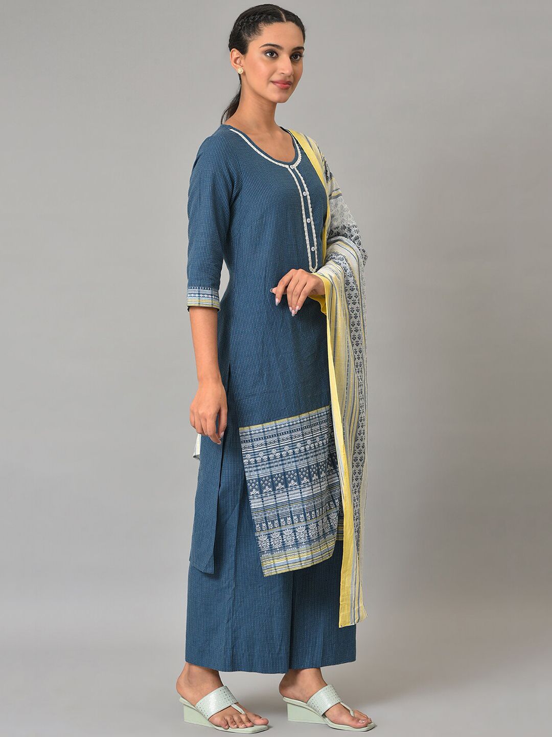 Aurelia Women Navy Geometric Print Cotton Kurta Set with Palazzos & Dupatta