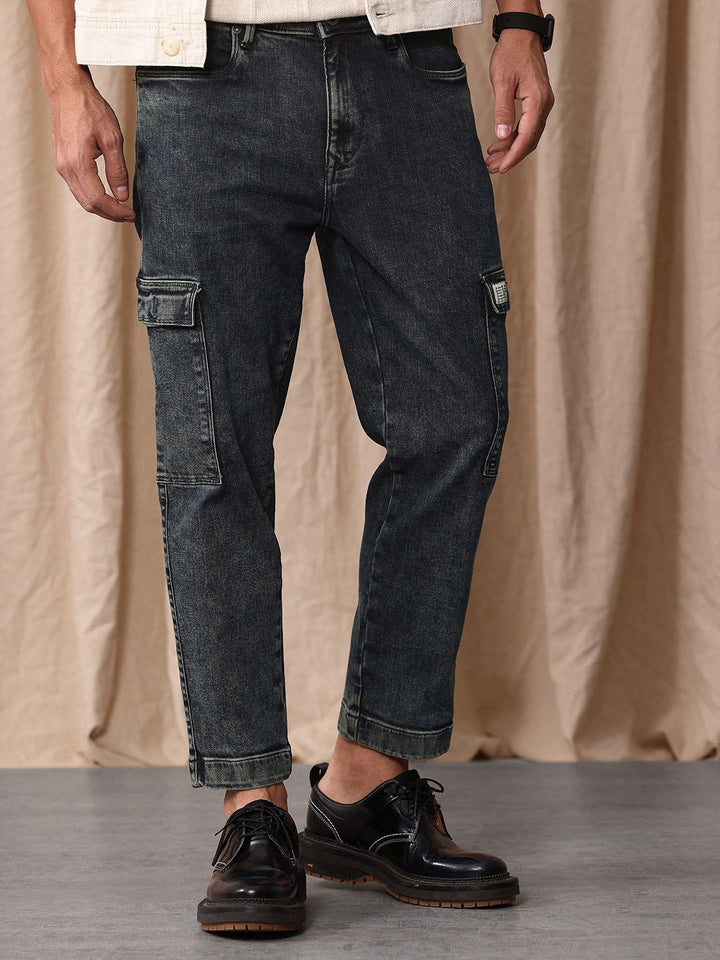Mr Bowerbird Men Tapered Fit Mid-Rise Light Fade Cropped Stretchable Cargo Styles Jeans