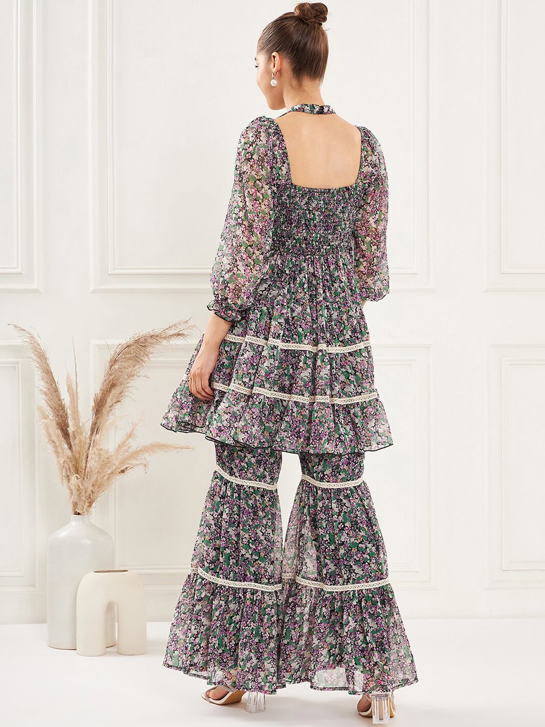 Antheaa Floral Printed Lace Insert Top & Sharara