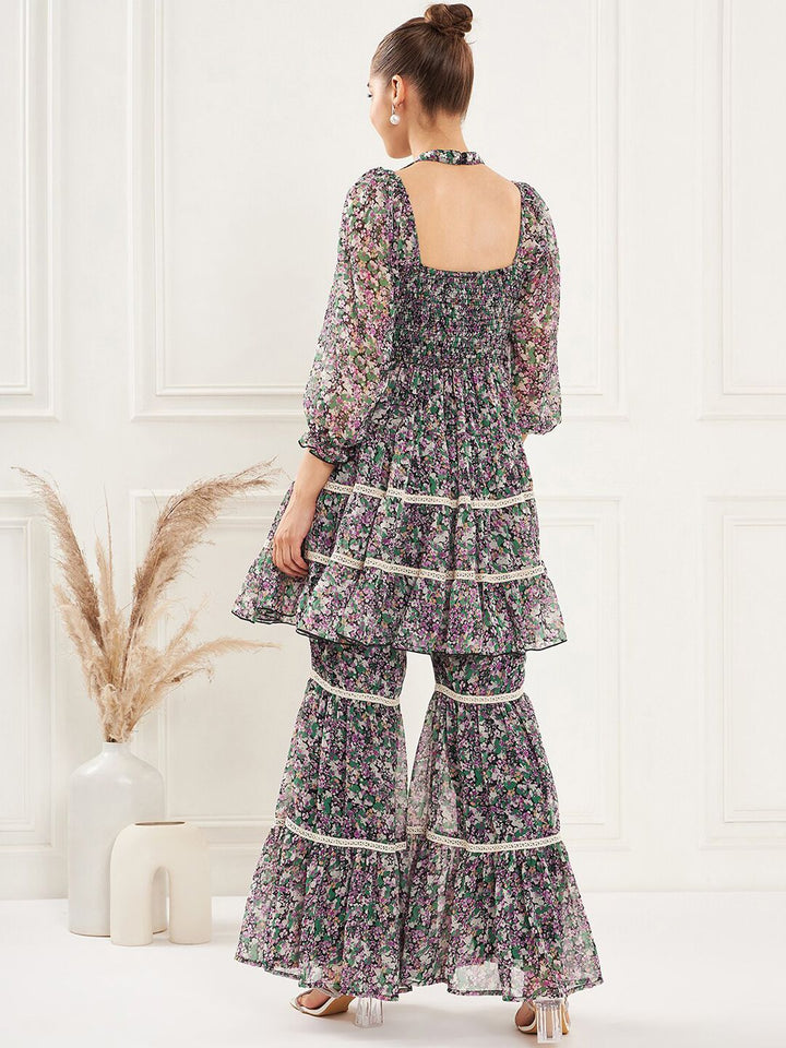 Antheaa Floral Printed Lace Insert Top & Sharara