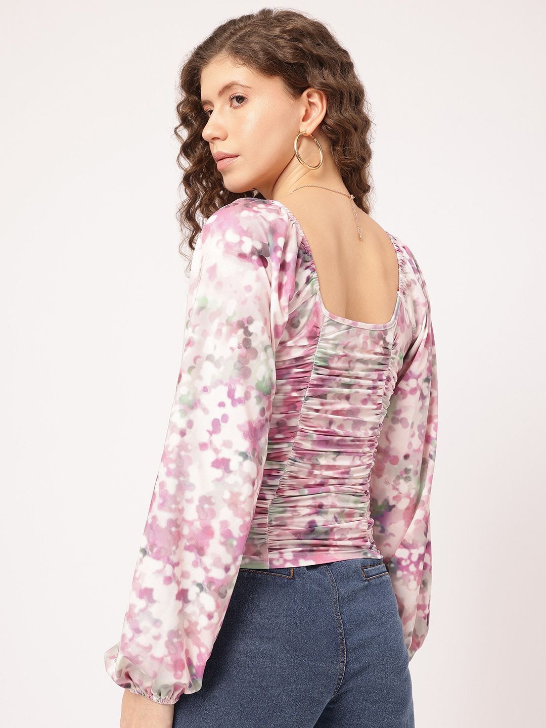 DressBerry Pastel Dreams Floral Print Puff Sleeves Ruched Top