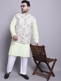 Kurta Kapas Tulen Bersulam SOJANYA PLUS Dengan Piyama & Jaket Nehru Bercetak