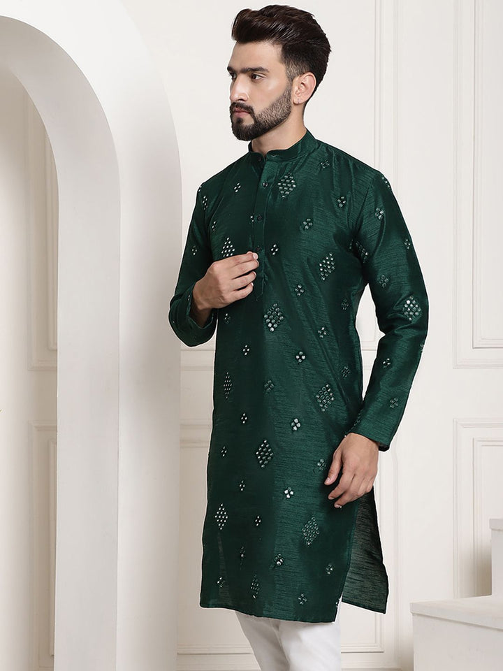 SOJANYA Kurta Kerja Cermin Berhias Hijau Lelaki