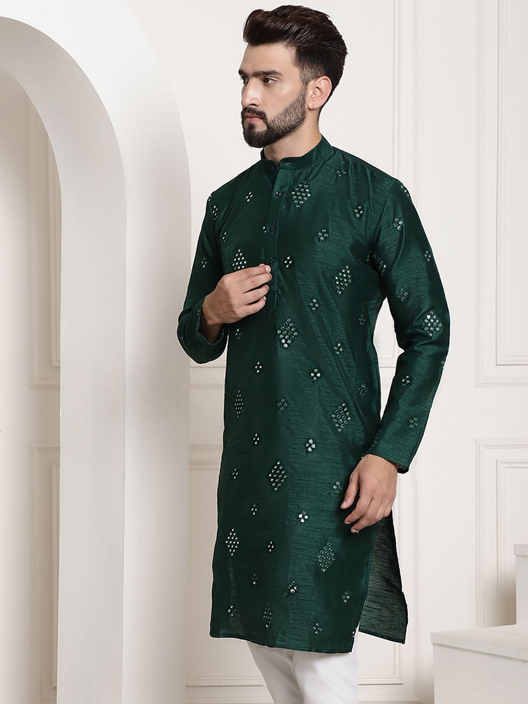 SOJANYA Kurta Kerja Cermin Berhias Hijau Lelaki