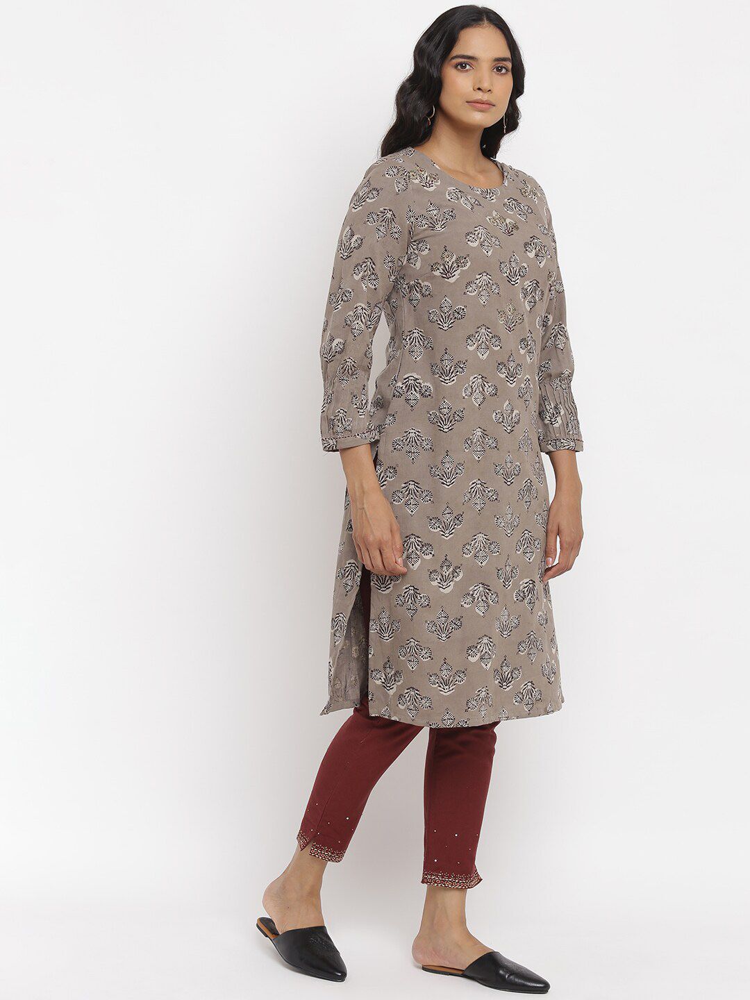 W The Folksong Collection Women Grey Ethnic Motifs Thread Work Kurta